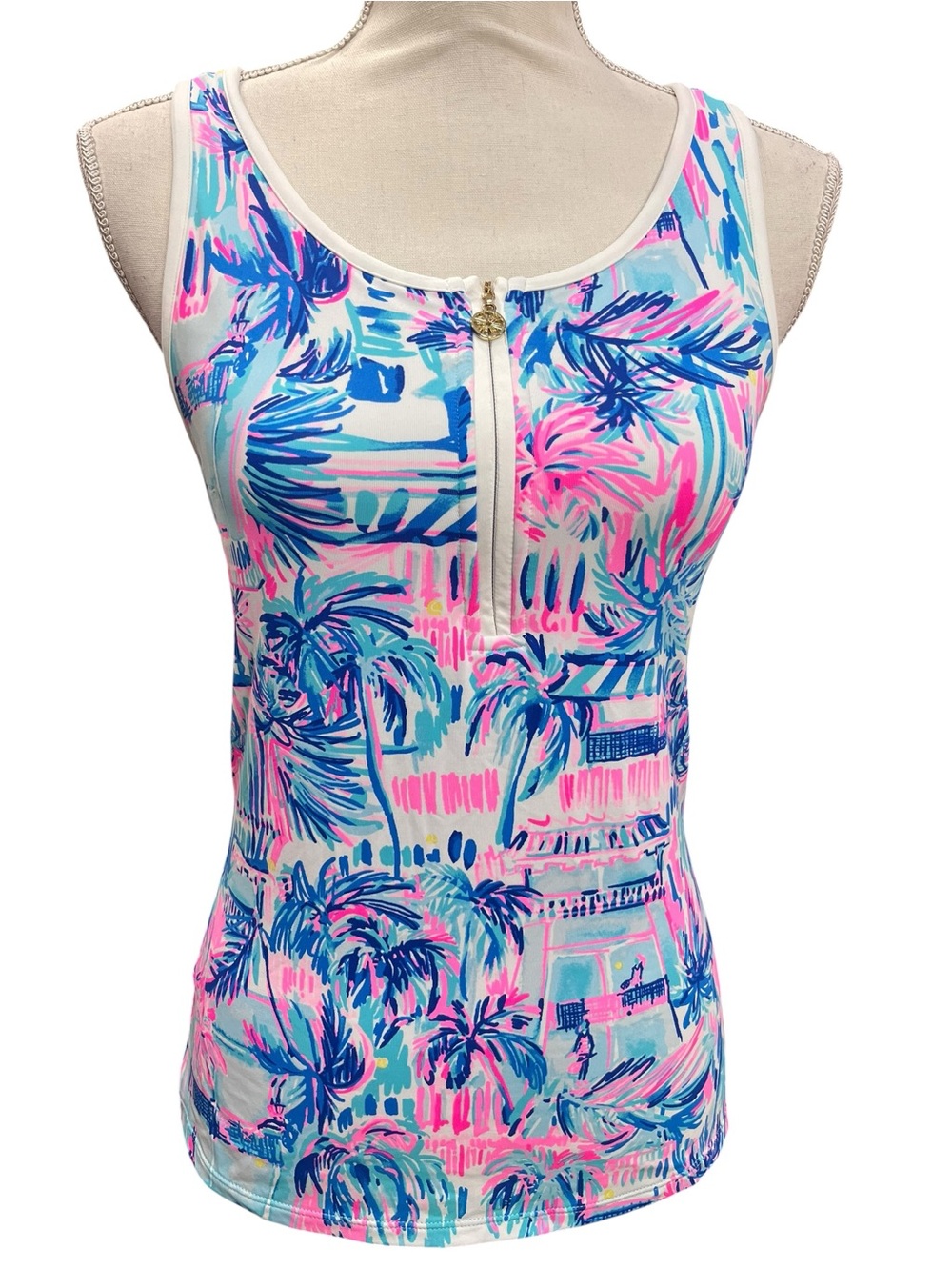 Lilly Pulitzer Luxletic Palm Print Zip Front Tank Top Built-In Bra S - Picture 2 of 13